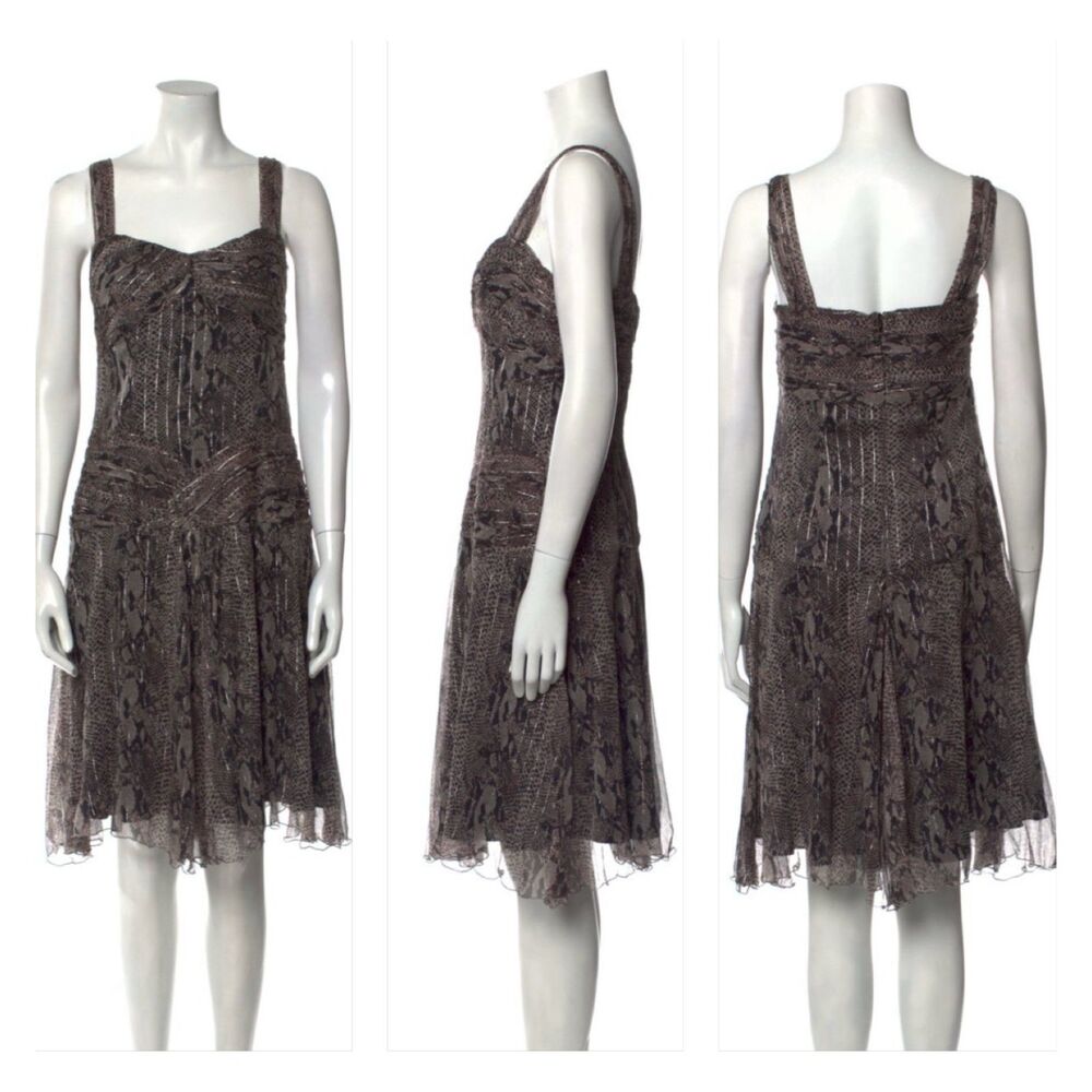 ANNA SUI Silk Reptile Print Midi Dress, Black Gray, Sz 6